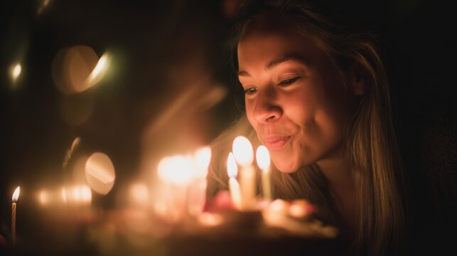 Young woman blowing out birthday candles, smiling while making a wish, warm candlelight illuminating her face