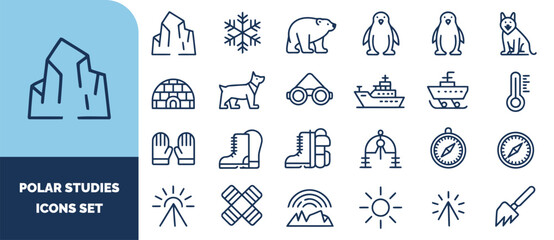 Polar studies set featuring arctic wildlife, research equipment, navigation tools, and winter clothing outlines on white background © Trendy_Desing