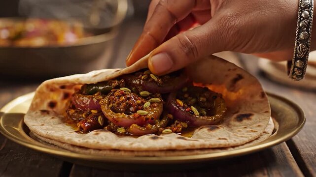 Spicy Indian onion curry served on fresh flatbread roti