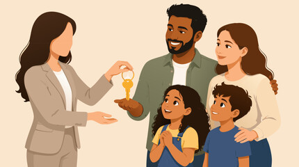 Obraz premium Minimalist flat vector illustration of a professional real estate agent giving a golden key to a young family, representing the dream of home ownership, property sales, and new beginnings.
