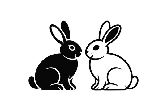 Black and white rabbit silhouette icon set facing each other with silhouette