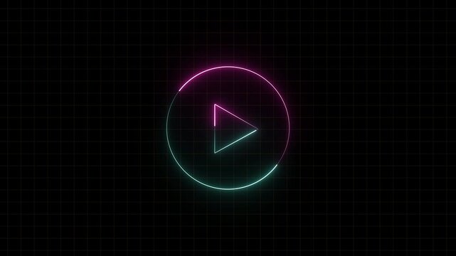 Neon glowing Play button animation on black grid background. neon style press start icon