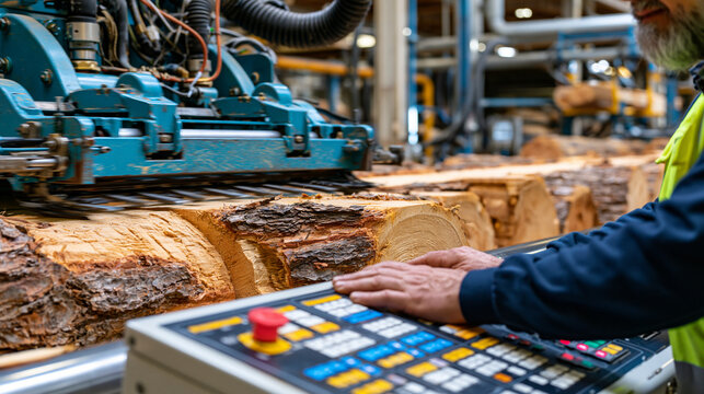 Paper mill log debarker machine strips pine trunks in noisy processing line, close-up hands of operator on control panel monitoring feed rate, pulp wood preparation raw material forestry manufacturi