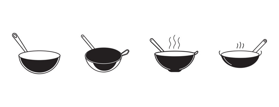 frying pans with handles in different positions on white background for cooking and kitchen concepts