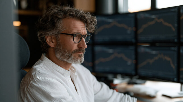Day trader watching multiple profit loss graph animations cycle across a curved monitor array, financial volatility concept, concentrated expression candid, dark trading floor