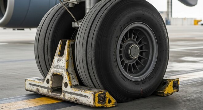 Extreme close-up of a massive airplane wheel and its sturdy landing gear chock on the tarmac