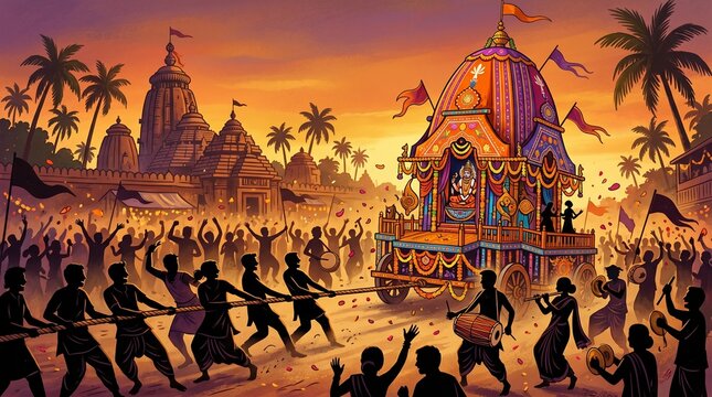 Vibrant indian festival procession with colorful chariot and people