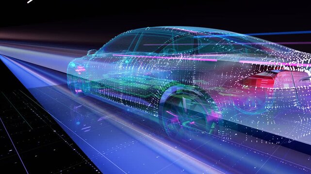 3d render animation of futuristic electric car driving forward fast seamless looping footage of autonomous EV vehicle rear view wireframe hologram with digital twin battery technology HUD scan