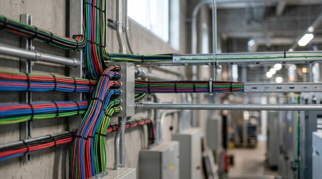 Electrical wiring inside a building is shown with organized conduits and neatly arranged cables running through the structure.