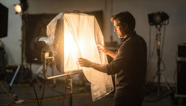 Warm lighting setup captured in medium shot as gaffer spreads diffusion material over a fixture with softly blurred background highlighting set details.