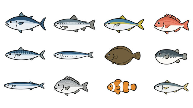 Set of cute sea fish illustrations with tuna salmon and snapper