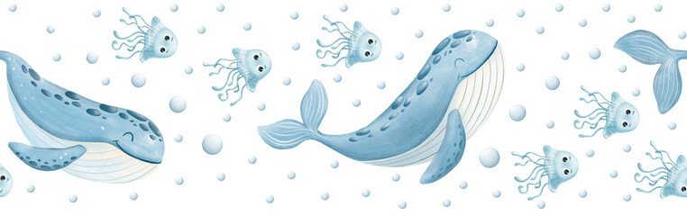 Watercolor nautical seamless border with cute blue whales, jellyfishes and bubbles. Repeating marine pattern isolated on white background for baby shower, nursery wallpaper and kids textile. © Marina Morenova