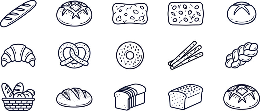 Bakery Bread Line Art Icons Vector Baguette Croissant Sourdough Pretzel Outline Set