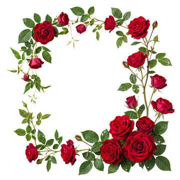 Exquisite red roses and verdant green leaves arranged as a charming circular frame on a transparent background.