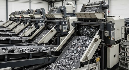 Fototapeta premium Industrial E-Waste Shredding Machines in Operation Processing Recycled Electronic Components