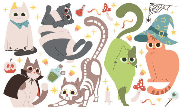 Halloween vector set with cats. For scrapbooking, greeting card, party invitation, poster	

