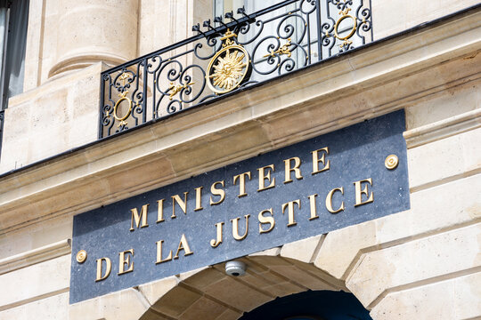 Paris, France - June 17, 2026: Sign of the Ministry of Justice, aka the Chancellery, at the entrance of the H&ocirc;tel de Bourvallais at 13 Vend&ocirc;me square built by french architect Robert de Cotte in 1704.