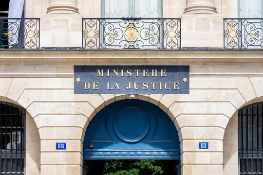 Paris, France - June 17, 2026: Sign of the Ministry of Justice, aka the Chancellery, at the entrance of the H&ocirc;tel de Bourvallais at 13 Vend&ocirc;me square built by french architect Robert de Cotte in 1704.