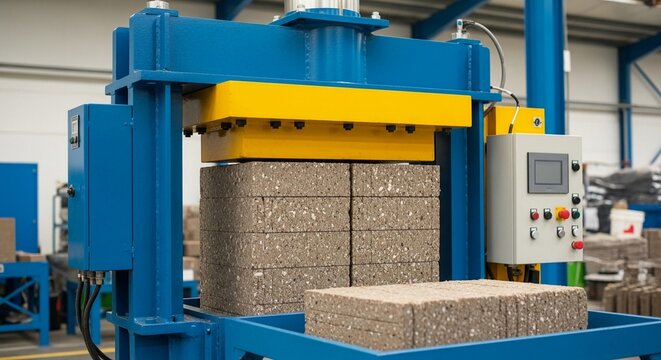 Industrial hydraulic press compacting recycled materials into dense blocks within a factory.