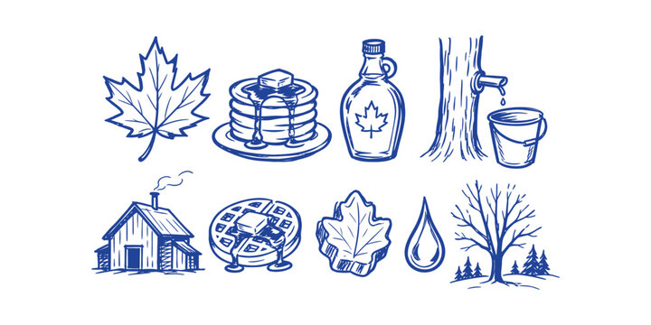 maple syrup elements and traditional harvest doodle icon set with maple leaf pancakes bottle tree tapping bucket sugar shack waffle cookie drop and forest vector illustration