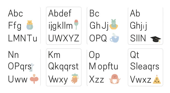 Alphabet flashcards with cute icons for early learning