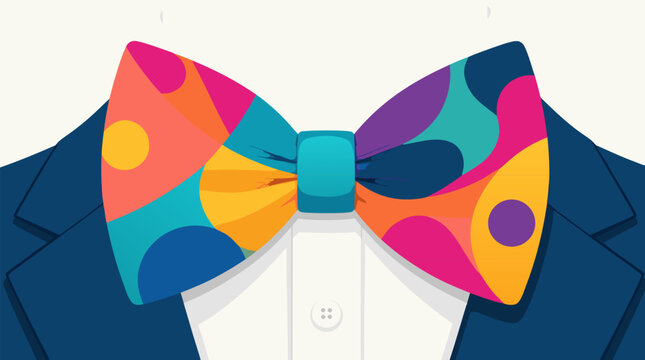 Vibrant and colorful bow tie for a festive tuxedo or formal suit, stylish fashion accessory for celebrations and weddings, flat vector illustration isolated on a clean light background.