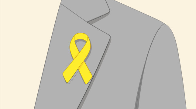 Sleek yellow awareness peace ribbon pinned to a jacket lapel, flat vector illustration representing support for troops, suicide prevention awareness, and hope for missing persons or prisoners.