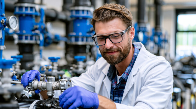 Water treatment chemical dosing technician adjusts peristaltic pump settings on chlorination system in utility building, PPE lab coat safety glasses water quality compliance municipal infrastructure
