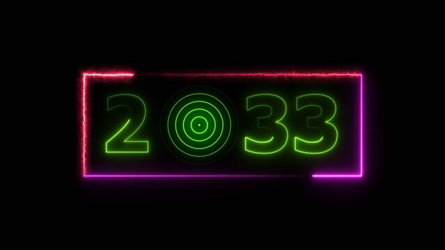 33 years neon bright number text radio wave red color 4k illustration. New year celebration number. Black background 4k illustration.