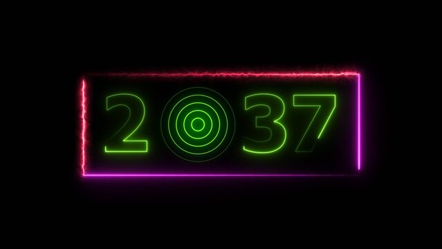 37 years neon bright number text radio wave red color 4k illustration. New year celebration number. Black background 4k illustration.