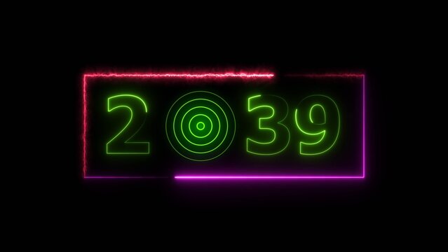 39 years neon bright number text radio wave red color 4k illustration. New year celebration number. Black background 4k illustration.