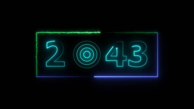 43 years neon bright number text radio wave red color 4k illustration. New year celebration number. Black background 4k illustration.