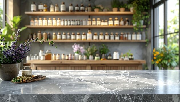 The gray marble counter is empty, with the shelves of a herbal medicine shop serving as a blurred backdrop.