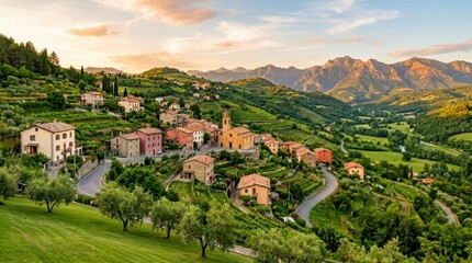 Naklejka premium Picturesque Italian village nestled in rolling green hills at sunset