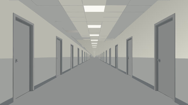 Endless office hallway representing the abstract backrooms concept, haunting flat vector illustration of a repetitive corridor with fluorescent lights on a light background for mystery themes.