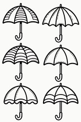 Obraz premium A clean black-and-white set of six hand-drawn umbrella icons, each featuring a distinct canopy pattern and curved handle.