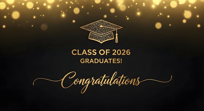Elegant congratulations card for class of 2026 graduates with gold graduation cap and bokeh lights