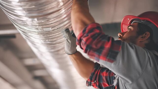 Worker installs ducting in commercial building with safety gear during daytime work