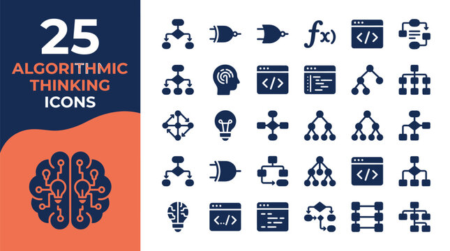 Set of twenty five blue algorithmic thinking icons for software development