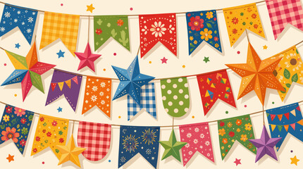 Fototapeta premium Colorful festive hanging bunting flags and decorative paper stars for Festa Junina celebration, vibrant flat vector illustration on a light background for Brazilian folk festival party design.