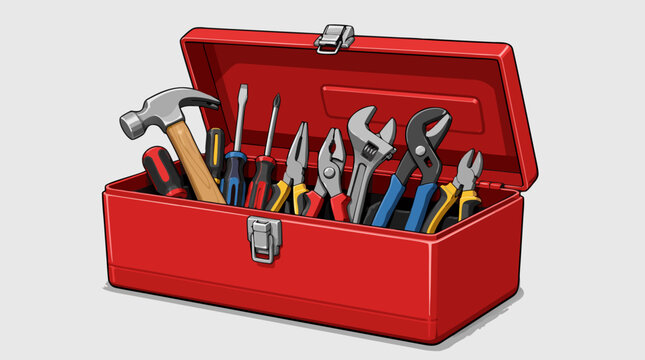 Industrial red open toolbox filled with various hand tools flat vector illustration on a light background, depicting maintenance, repair, DIY renovation, and professional construction work.
