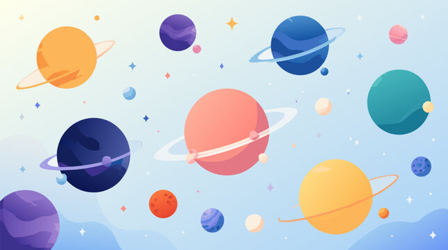 Colorful abstract space galaxy background featuring vibrant planets and celestial bodies, modern flat vector illustration of the cosmos and solar system for science and astronomy education.