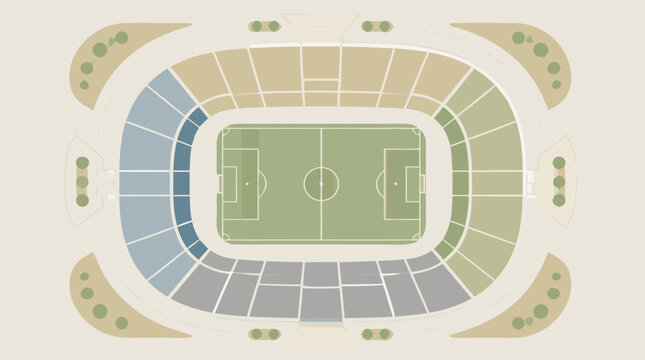 Abstract generic soccer stadium layout map showing a top-down view of the pitch and surrounding seating areas in a clean flat vector style, perfect for sports planning or arena architectural design.