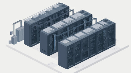 Fototapeta premium Massive Digital Data Center Server Racks in Isometric View, Flat Vector Illustration of Cloud Computing Infrastructure, Network Hosting Hardware and Information Storage Technology Facility.