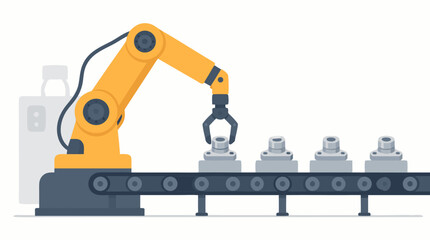 Naklejka premium Industrial robotic mechanical arm operating on an automated assembly line in a clean flat vector illustration. Ideal for manufacturing, technology, smart factory, and advanced automation concepts.