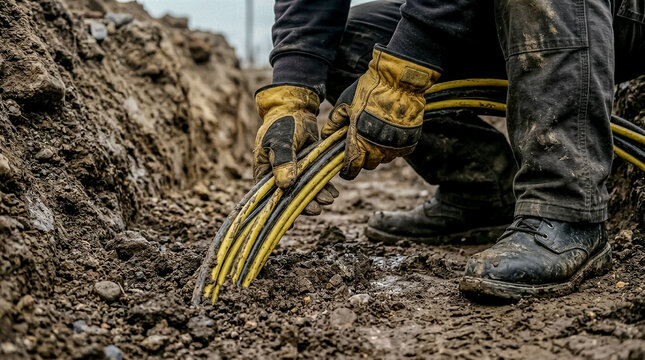 Close-up of a worker in protective gloves and boots managing yellow-marked cables buried in soil.