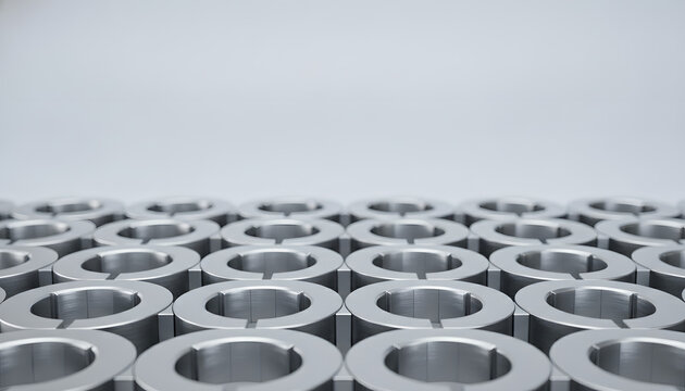 Precision trochoid oil pump rotors in a silver satin finish grid with ample white studio copy space