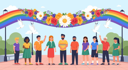 Obraz premium Diverse group of people celebrating unity under a floral arch with doves flying