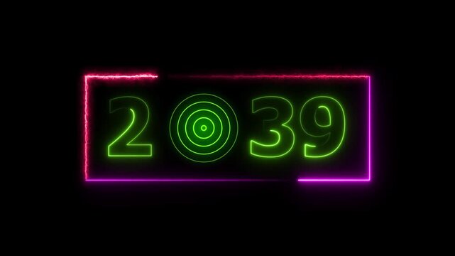 39 years neon bright number text radio wave red color animation. New year celebration number. Black background 4k video.