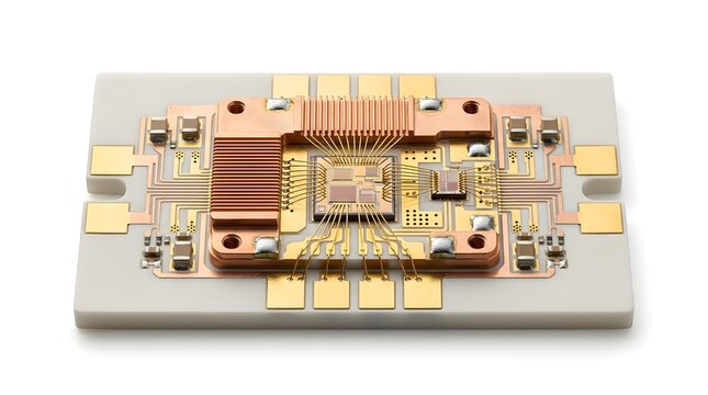High-frequency power switching module featuring integrated circuit die, gold wire bonding, copper heat sinks, and surface-mount components on a white ceramic substrate macro view.